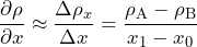 \begin{equation*}  \frac{\partial \rho}{\partial x} \approx \frac{\Delta \rho_{x}}{\Delta x}=\frac{\rho_{\mathrm{A}}-\rho_{\mathrm{B}}}{x_{1}-x_{0}} \end{equation*}